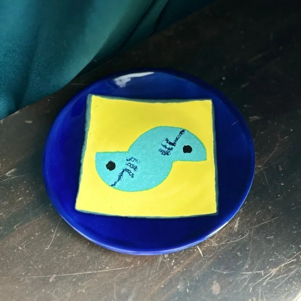Studio Pottery Plate Stylized Yin Yang Fish